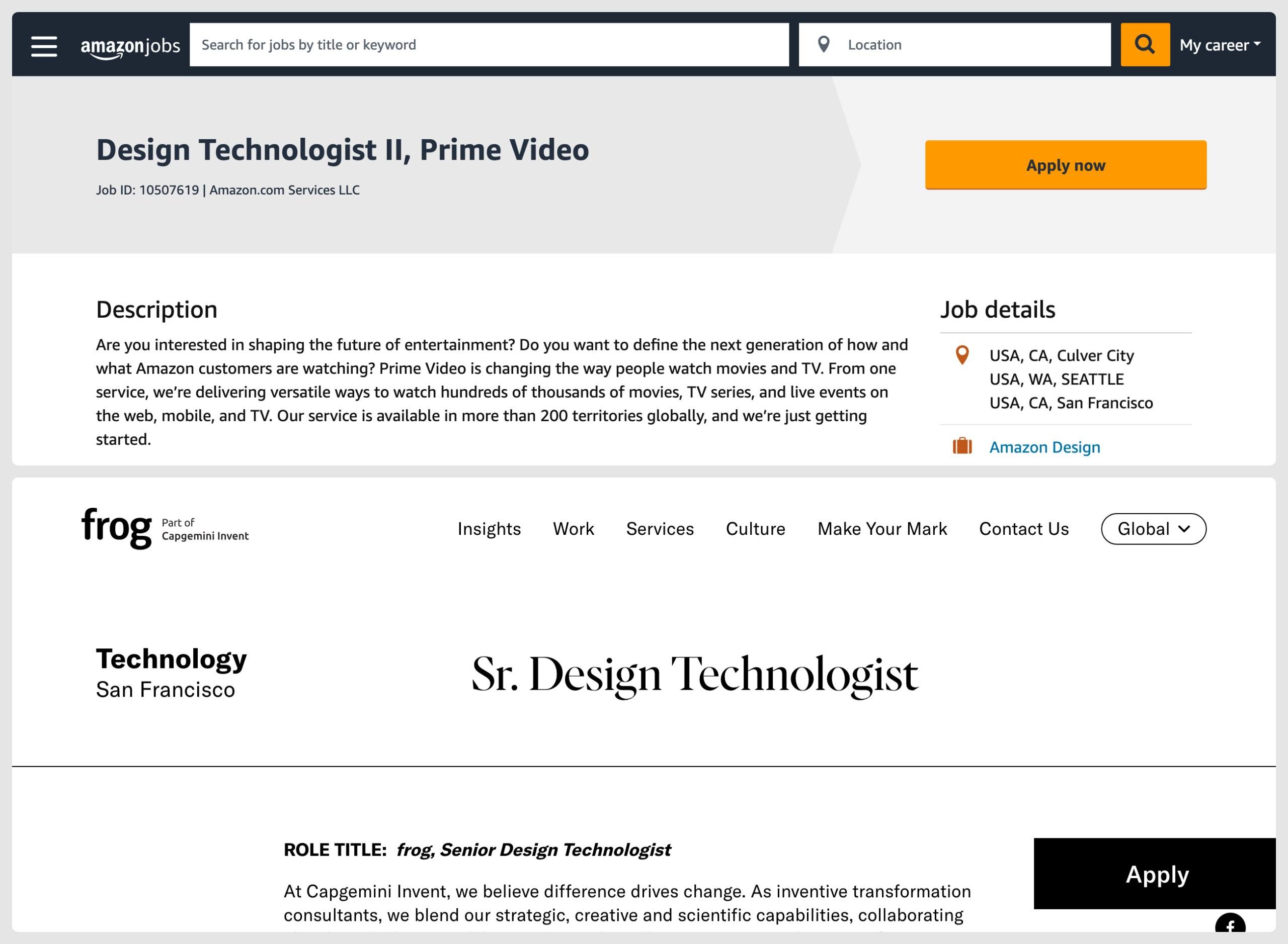Two design technologist job postings captured in October 2026. Top: amazon.jobs, Design Technologist II, Prime Video, Job ID 10507619, in Culver City, Seattle and San Francisco, under Amazon Design. Bottom: frog, part of Capgemini Invent, Sr. Design Technologist, Technology, San Francisco.