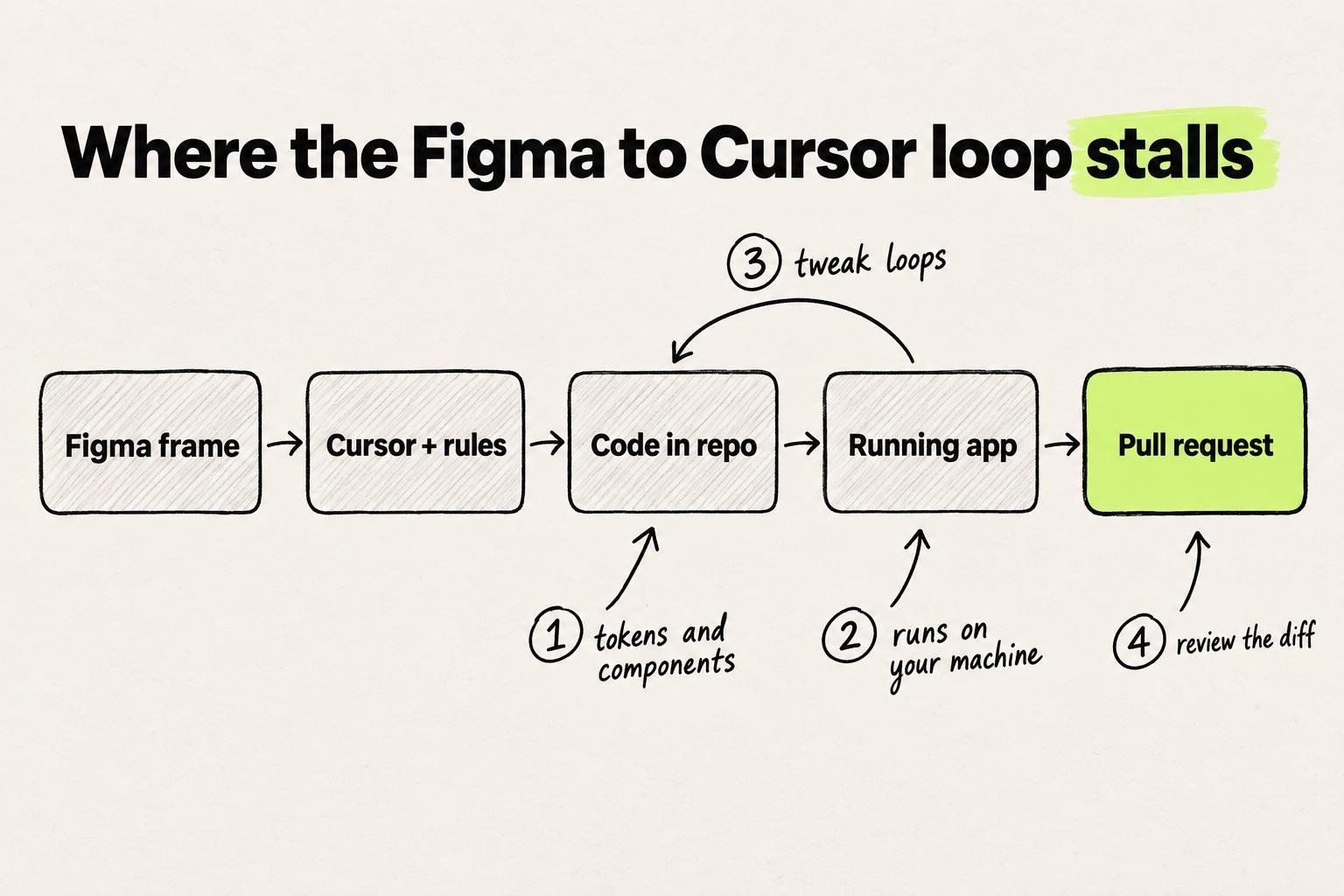 Hand-drawn diagram titled "Where the Figma to Cursor loop stalls": five boxes, Figma frame, Cursor + rules, Code in repo, Running app and Pull request, with four numbered stops: tokens and components, runs on your machine, tweak loops between the app and the code, and review the diff.