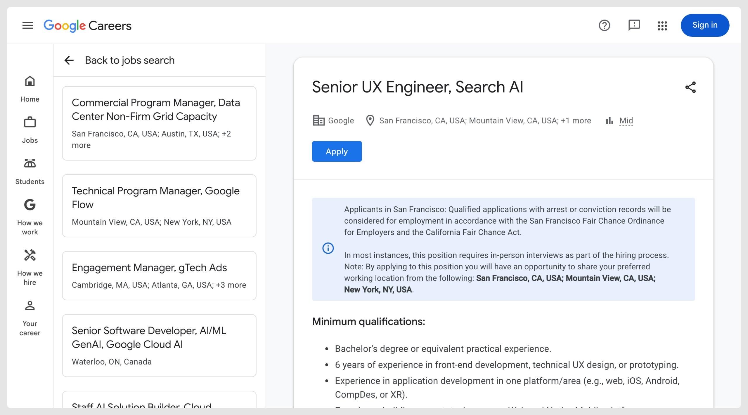A Google Careers job posting captured in September 2026: Senior UX Engineer, Search AI, at Google in San Francisco, Mountain View and one more location, level Mid. The minimum qualifications start with a bachelor's degree or equivalent practical experience and six years of experience in front-end development, technical UX design, or prototyping.