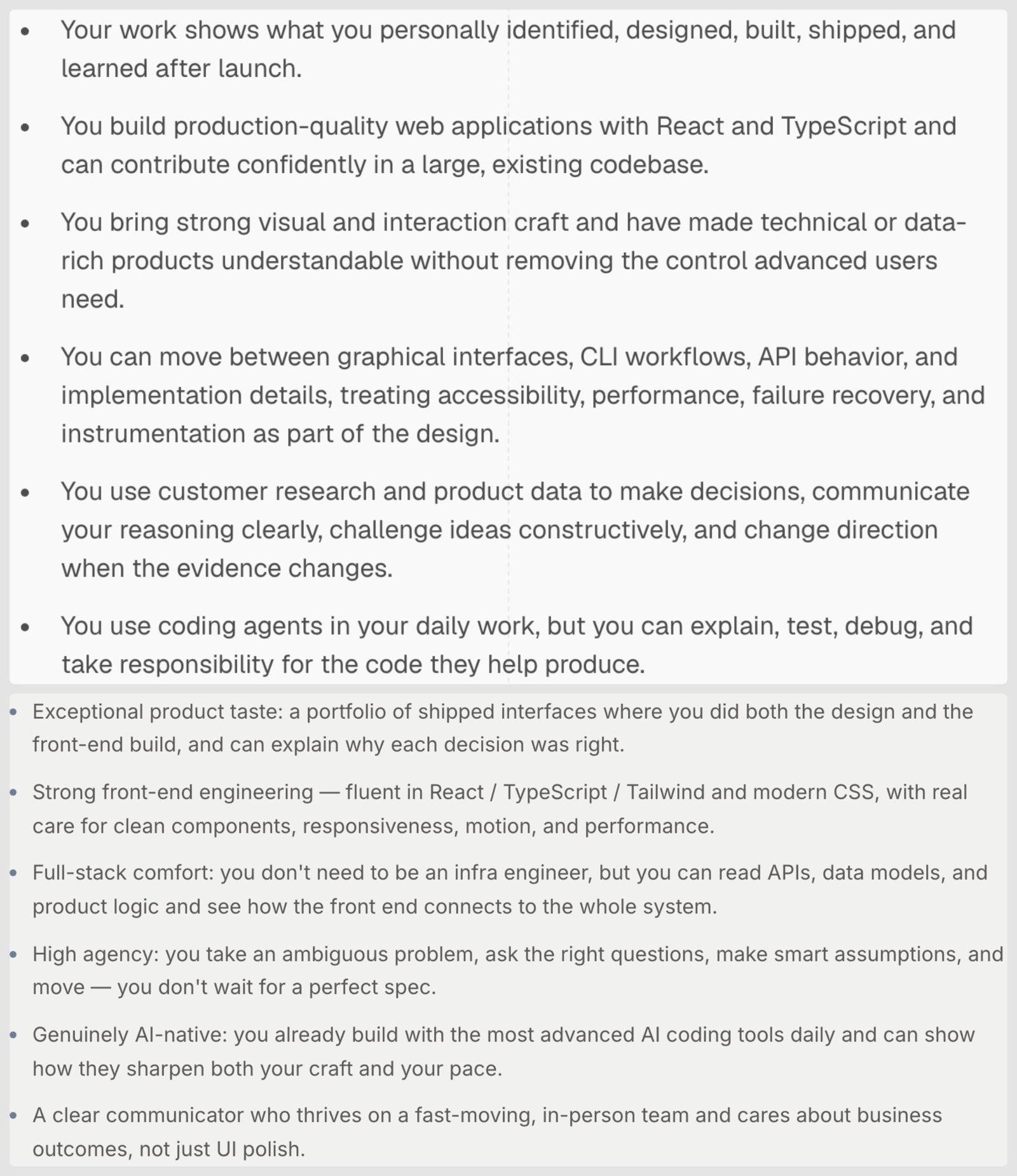 Requirements lists from two design engineer job postings, captured in September 2026. Top: Vercel's Design Engineer posting, first line "Your work shows what you personally identified, designed, built, shipped, and learned after launch", last line about using coding agents while being able to explain, test, debug and take responsibility for the code. Bottom: Autumn's Design Engineer posting, first line "Exceptional product taste: a portfolio of shipped interfaces where you did both the design and the front-end build, and can explain why each decision was right."