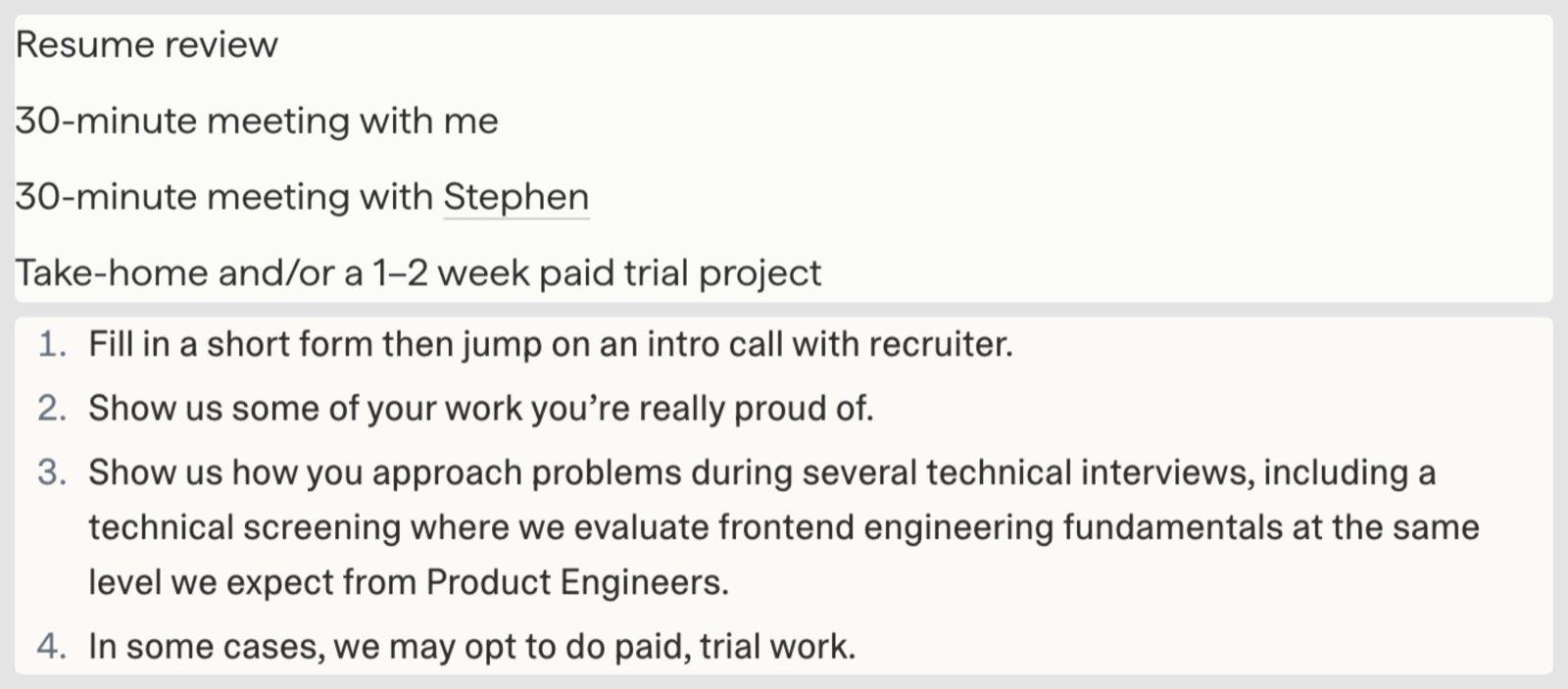Hiring steps from two design engineer postings, captured in September 2026. Top: Paper's list, Resume review, 30-minute meeting with me, 30-minute meeting with Stephen, Take-home and/or a 1–2 week paid trial project. Bottom: Lovable's numbered list, 1. Fill in a short form then jump on an intro call with recruiter, 2. Show us some of your work you're really proud of, 3. several technical interviews including a frontend screening at the level expected from Product Engineers, 4. In some cases, we may opt to do paid, trial work.