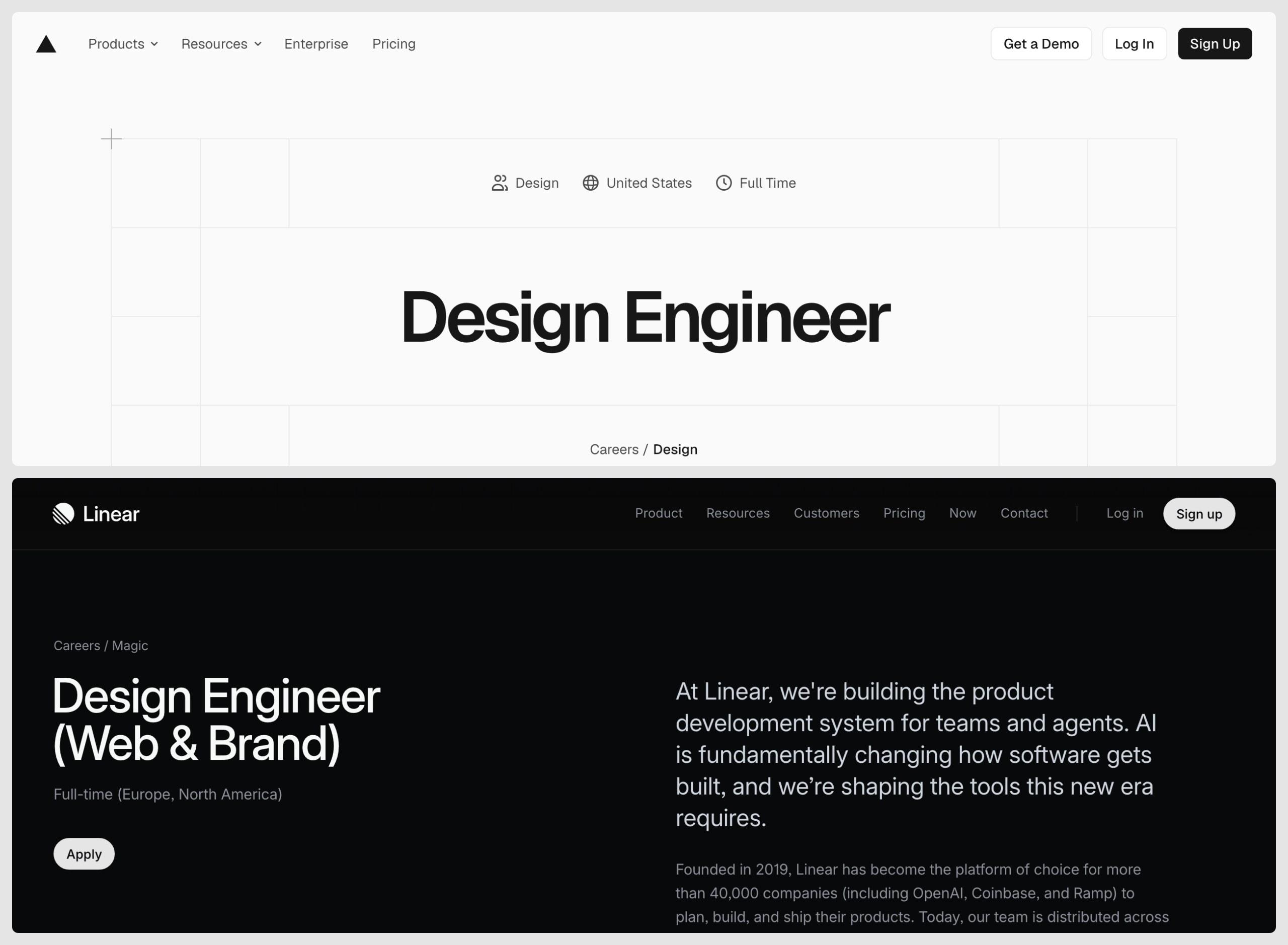 Two design engineer job postings captured in September 2026. Top: Vercel's careers page, the role titled Design Engineer and filed under Design, United States, Full Time. Bottom: Linear's careers page, the role titled Design Engineer (Web and Brand) under the breadcrumb Careers / Magic, full-time in Europe and North America.
