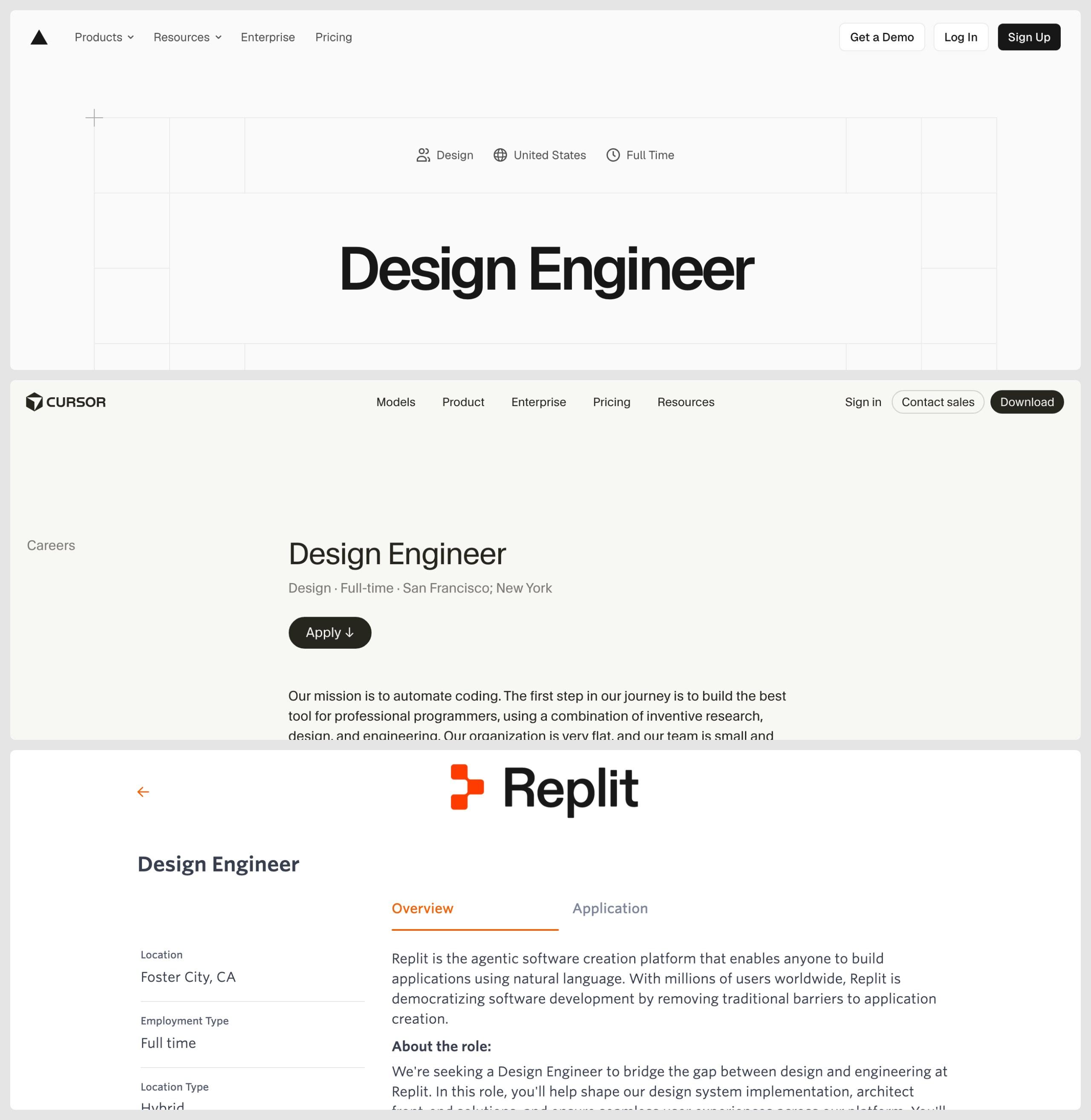 Three design engineer job postings captured in September 2026. Top: Vercel, the role titled Design Engineer under Design, United States, Full Time. Middle: Cursor, Design Engineer, Design, Full-time, San Francisco and New York. Bottom: Replit, Design Engineer, Foster City CA, Full time, in the Design Engineering and Mobile department.