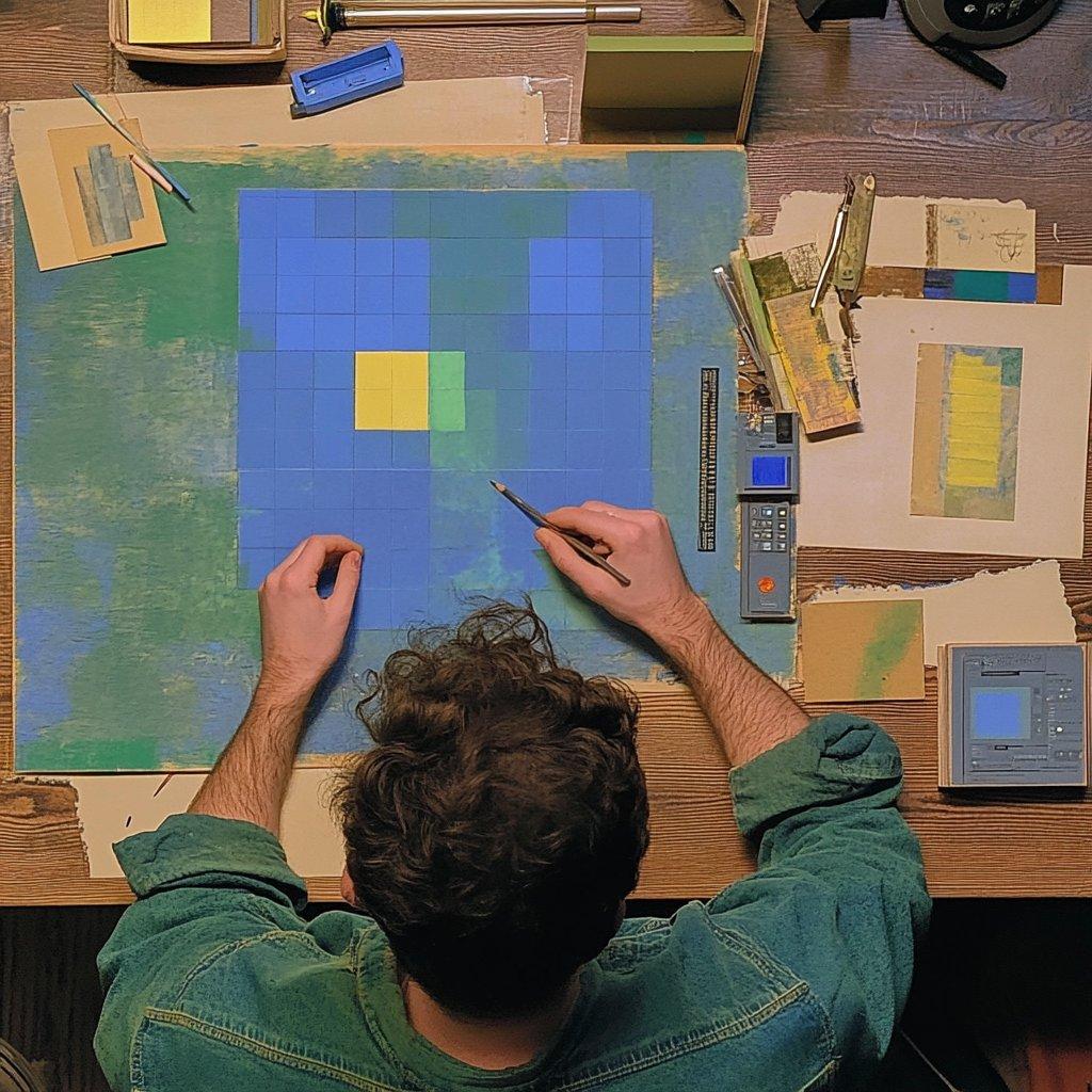 Top-down view of a designer at a workbench, hand-painting a grid of blue and yellow squares among tools and paper swatches.