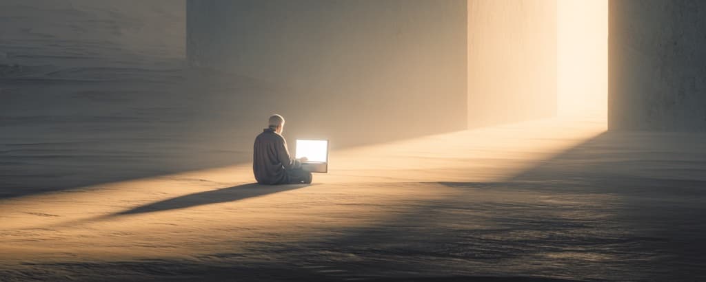A lone figure sits on the floor of a vast, sunlit hall, working on a glowing laptop.