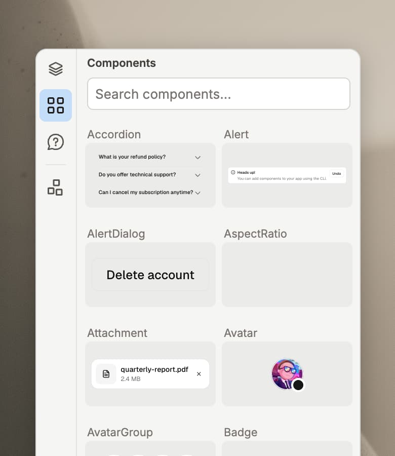 The components panel listing the team's own Accordion, Alert, AlertDialog, Attachment and Avatar components with live previews