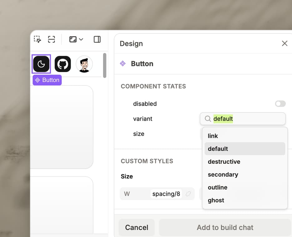 A Button selected in the live app, with its variant prop open on link, default, destructive, secondary, outline and ghost