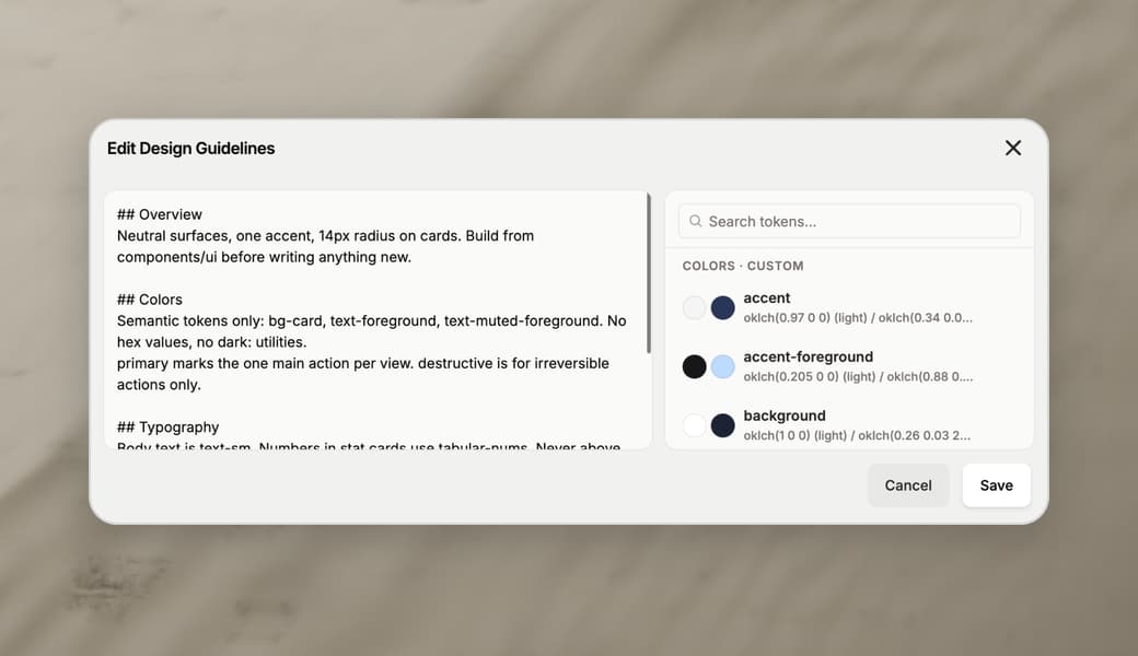 The design guidelines editor with rules for colors and components next to the codebase's theme tokens